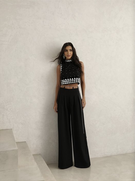 CROPPED CHATON PÉROLAS - PRETO