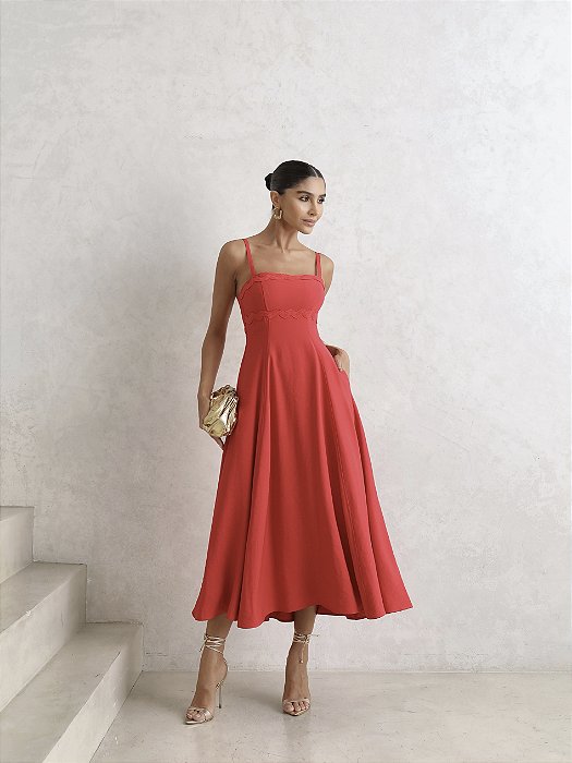VESTIDO LIDIANE COM DETALHE GUIPIR E COM ALÇA - VERMELHO