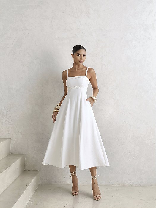 VESTIDO LIDIANE COM DETALHE GUIPIR E COM ALÇA - BRANCO