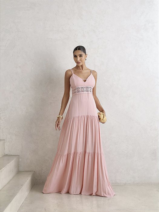 Guipir Vestido Rosa De Renda Longo VESTIDO VAL LONGO COM DETALHE