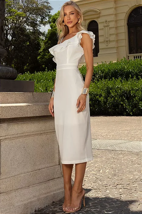 VESTIDO MONICA MIDI COM BABADOS E ALÇA FINA - OFF WHITE