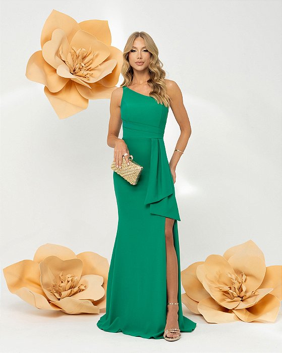 VESTIDO IPANEMA UM OMBRO DETALHE FENDA - VERDE ESMERALDA