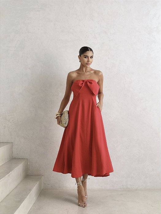 VESTIDO MIDI JENNY DETALHE LAÇO - VERMELHO