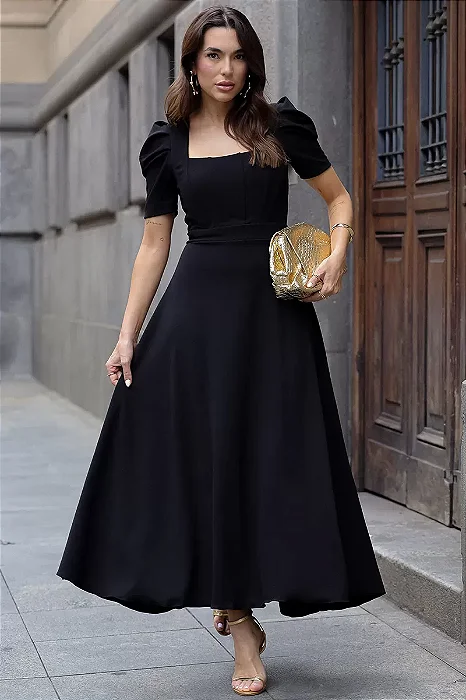 VESTIDO MIDI BRUNA MANGA BUFANTE C/ BARBATANA - PRETO