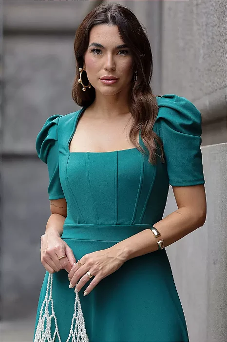 VESTIDO MIDI BRUNA MANGA BUFANTE C/ BARBATANA - VERDE
