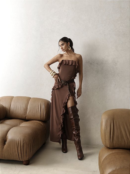 VESTIDO CHIFON BABADO BOHO - BROWN