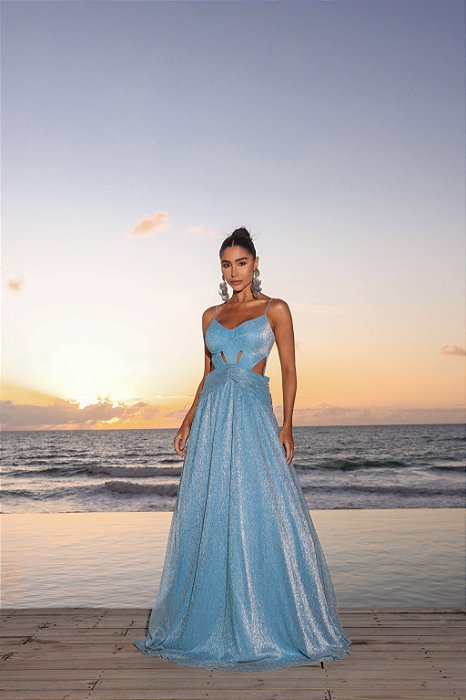 VESTIDO LAS VEGAS LUREX DETALHE CINTURA - AZUL SERENITY