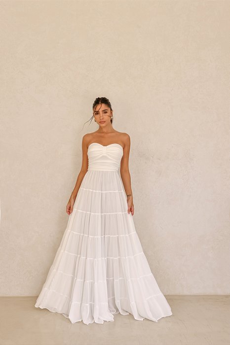 VESTIDO BEAUTIFUL LONGO LAÇO FRANZIDO - OFF WHITE