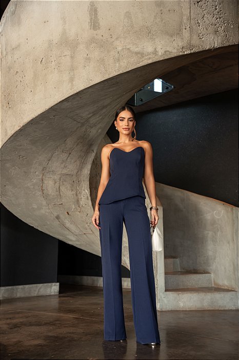 CONJUNTO ROMÊNIA CALÇA VINCO E CROPPED T.Q.C - AZUL JEANS