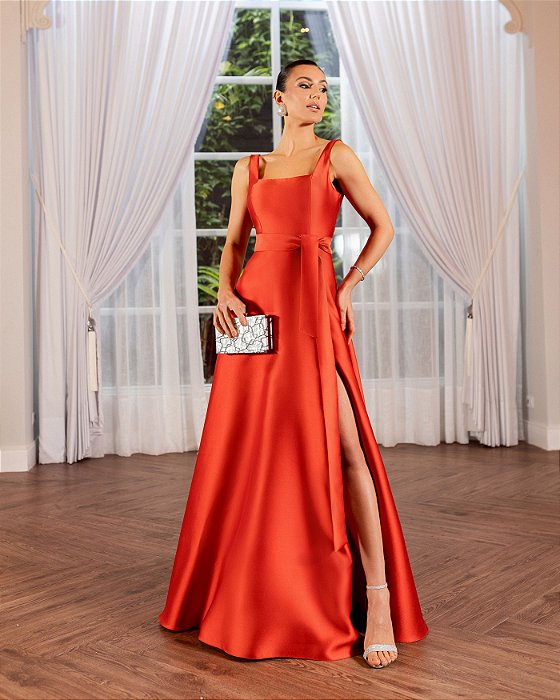 VESTIDO DE FESTA ATLANTA DECOTE RETO ZIBELINE - TERRACOTA