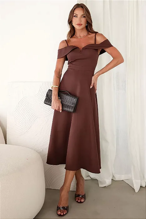 VESTIDO MIDI OMBRO A OMBRO COM ALÇA SANDRA - MARROM