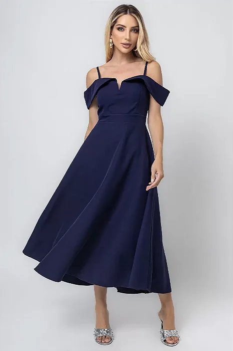 VESTIDO MIDI OMBRO A OMBRO COM ALÇA SANDRA - AZUL MARINHO
