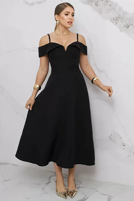 VESTIDO MIDI OMBRO A OMBRO COM ALÇA SANDRA - PRETO