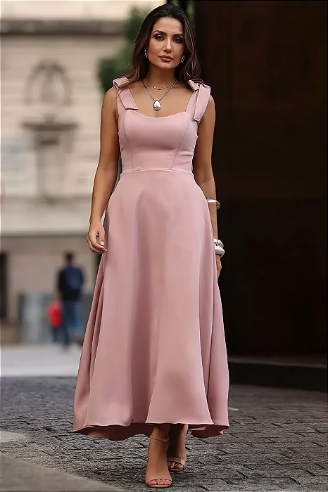 VESTIDO KÁTIA LONGUETE COM ALÇA E LAÇOS  - ROSA