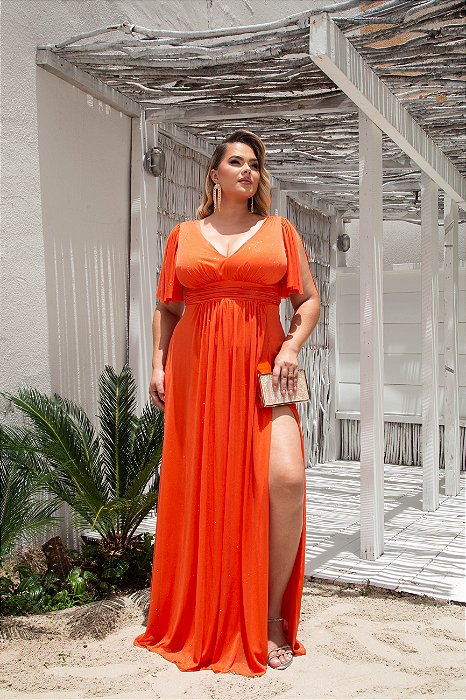 VESTIDO DE FESTA GARDÊNIA DECOTE V LUREX CRISTAL - LARANJA