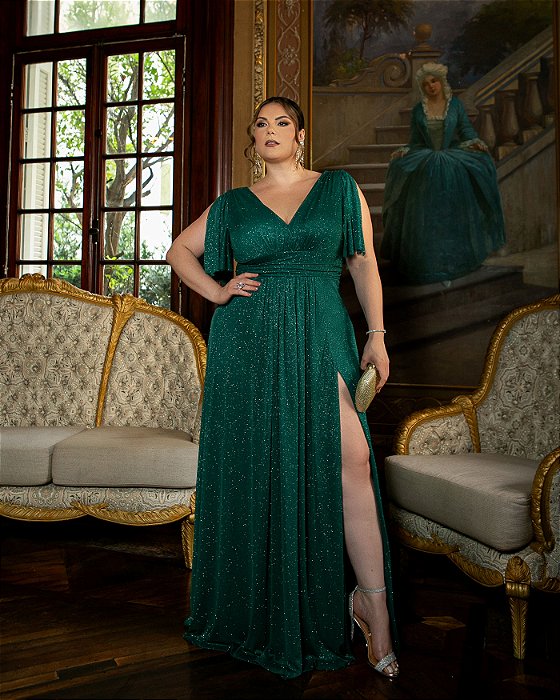 VESTIDO DE FESTA GARDÊNIA DECOTE V LUREX CRISTAL - VERDE ESMERALDA