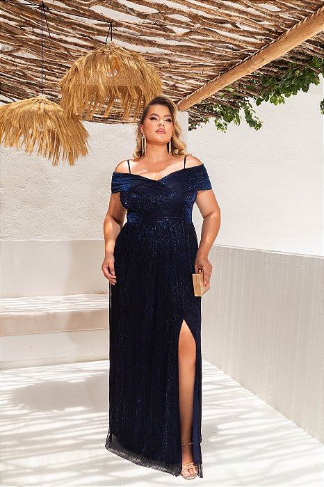 VESTIDO DE FESTA HOLLYWOOD LUREX METALIZADO PLUS - AZUL MARINHO