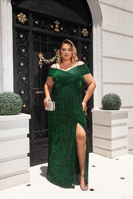 VESTIDO DE FESTA HOLLYWOOD LUREX METALIZADO PLUS - VERDE ESMERALDA