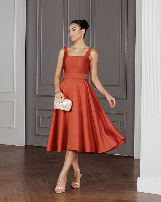 VESTIDO MIDI SINGAPURA ZIBELINE FAIXA AMARRAÇÃO - TERRACOTA ESCURO