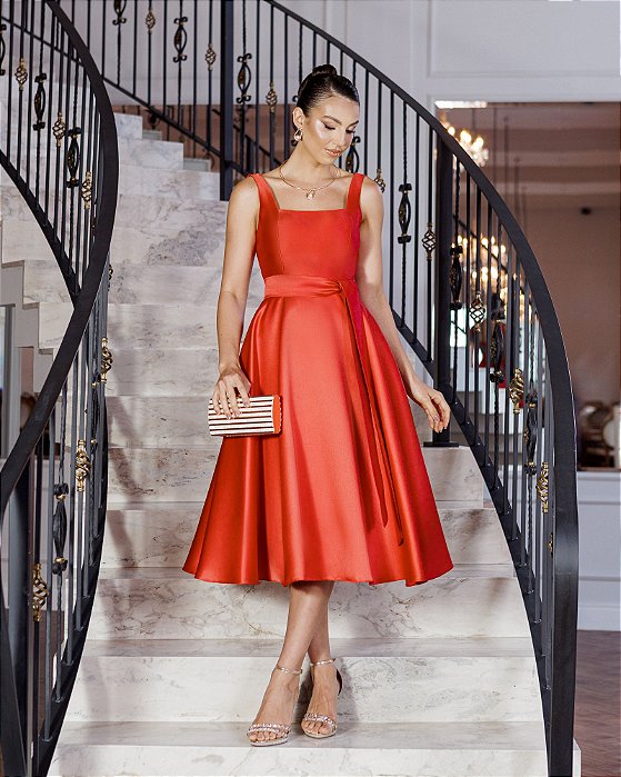 VESTIDO MIDI SINGAPURA ZIBELINE FAIXA AMARRAÇÃO - TERRACOTA CLARO