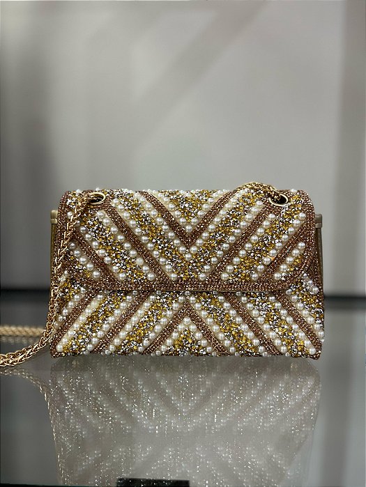 BOLSA GLAM PEDARIAS E PÉROLAS - DOURADA