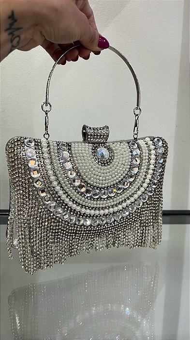 BOLSA VENEZA CRISTAIS E PÉROLAS FRANJA - PRATA
