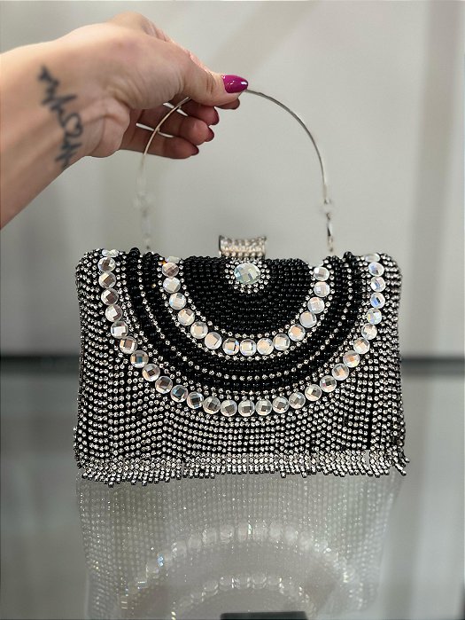 BOLSA VENEZA CRISTAIS E PÉROLAS FRANJA - PRETO/PRATA