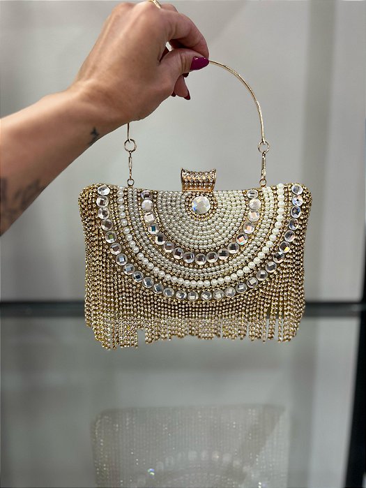 BOLSA VENEZA CRISTAIS E PÉROLAS FRANJA - DOURADA