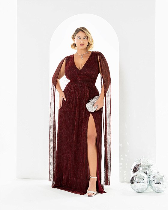 VESTIDO TAYLOR PLUS SIZE MANGA AMPLA LUREX - MARSALA