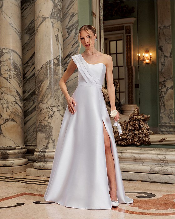 VESTIDO ATENAS DECOTE DRAPEADO UM OMBRO NOIVINHAS - OFF WHITE
