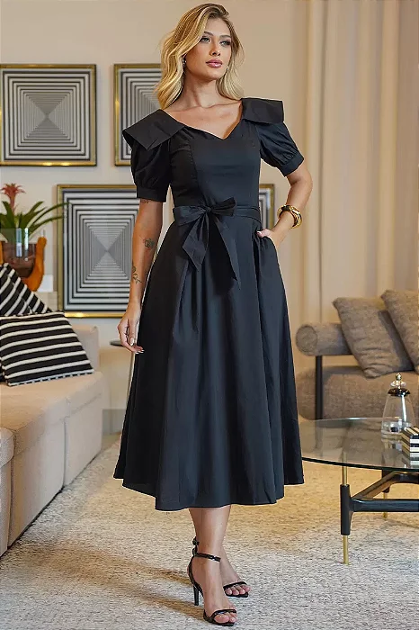 VESTIDO MIDI KAREN COM GOLA E FAIXA - PRETO