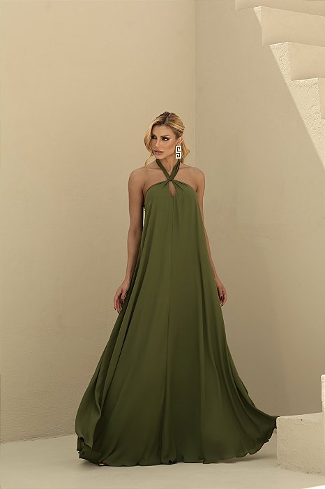 VESTIDO VALENTINA CREPE MUSSELINE - VERDE OLIVA