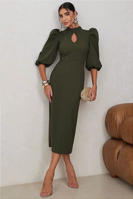 VESTIDO DIANA MIDI MANGA 3/4 E ZÍPER COSTA - VERDE