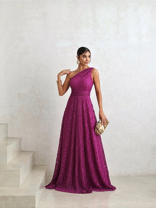 VESTIDO DE FESTA HELENA LONGO RENDA - FÚCSIA