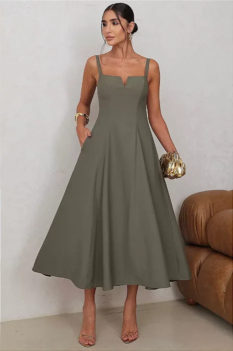 VESTIDO CAROL DECOTE V COM ALÇAS - VERDE MUSGO