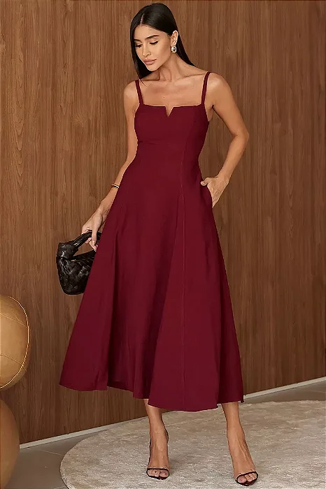 VESTIDO CAROL DECOTE V COM ALÇAS - VINHO