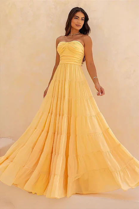 VESTIDO BEAUTIFUL LONGO LAÇO FRANZIDO - CAMOMILA