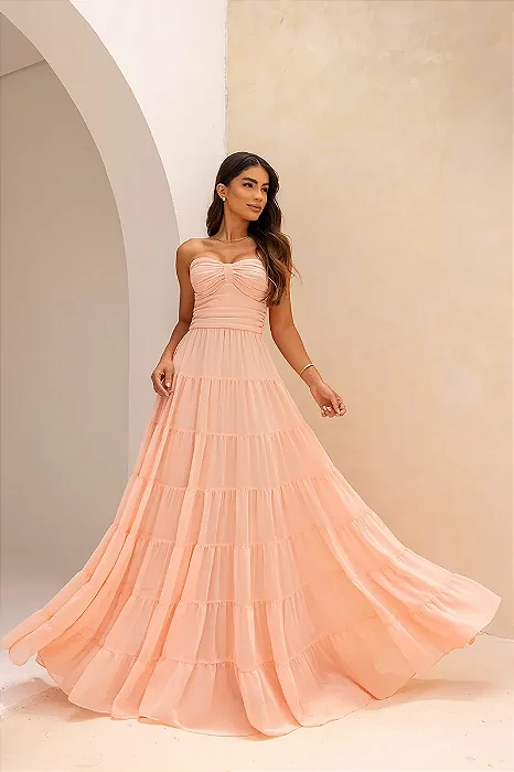 VESTIDO BEAUTIFUL LONGO LAÇO FRANZIDO - ROSA CLARO