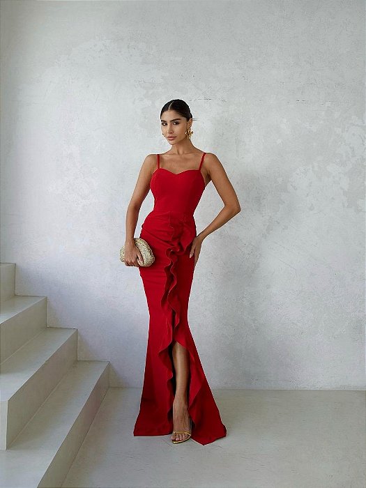 VESTIDO DE FESTA LARISSA DETALHE BABADOS - VERMELHO