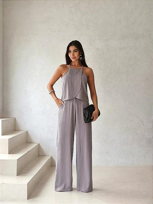CONJUNTO LÚCIA BLUSA TRANSPASSADA RISCA DE GIZ - CINZA