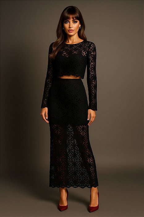 CONJUNTO RENDA CROPPED E SAIA LONGA WINTER SOUL - PRETO