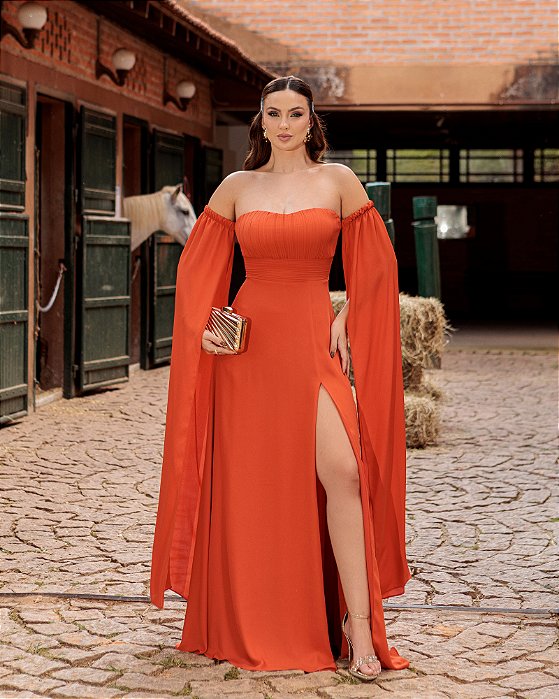 VESTIDO DE FESTA RANCHCORE MANGA CIGANINHA - TERRACOTA