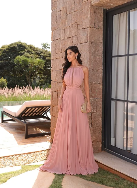 VESTIDO LONGO SAIA PLISSADA - ROSÊ