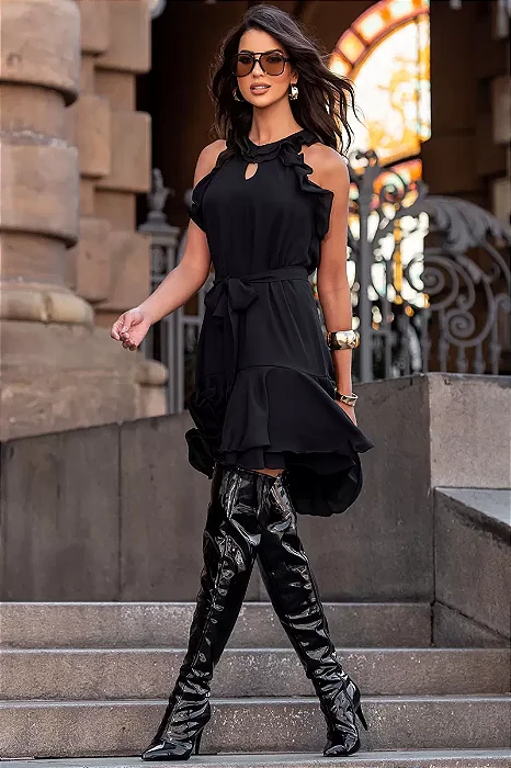 VESTIDO BERENICE CURTO CREPE COM BABADO - PRETO