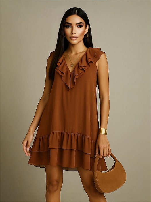 VESTIDO DECOTE V BABADO BOSS SOUL - BROWN