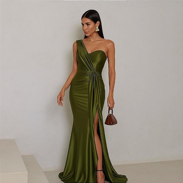 VESTIDO DE FESTA GLAM CREPE ACETINADO - VERDE OLIVA