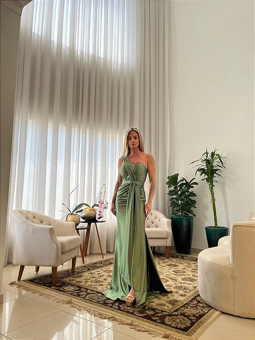 VESTIDO DE FESTA GLAM CREPE ACETINADO - VERDE OLIVA