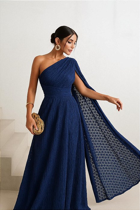 VESTIDO DE FESTA HELENA LONGO RENDA - AZUL MARINHO