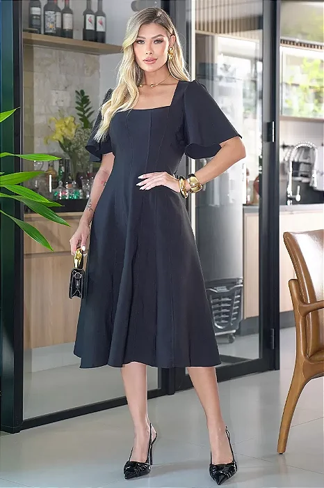 VESTIDO VITÓRIA MANGA SINO COM ZÍPER COSTA - PRETO