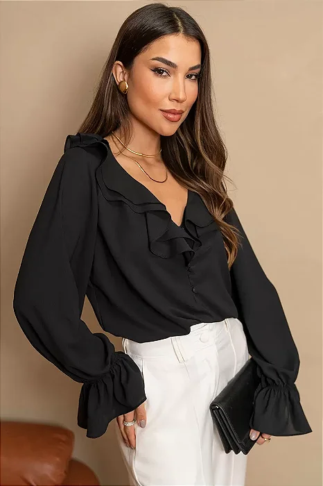 BLUSA PÂMELA COM BABADO MANGA LONGA - PRETO